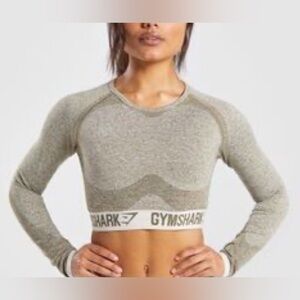Gymshark Flex Long Sleeve Crop Top Shirt Seamless Light Olive S